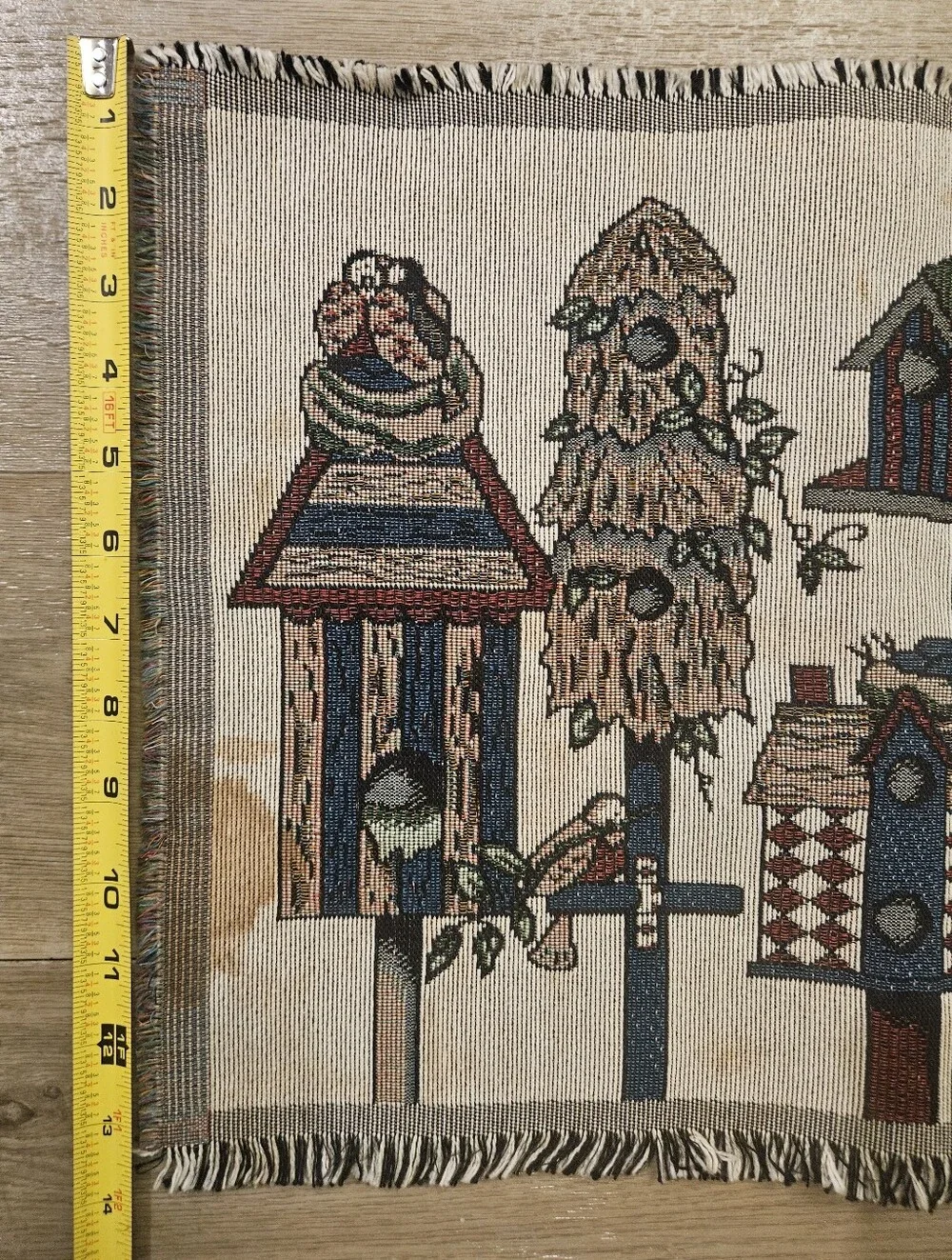 Vintage Woven Pictorial Tapestry Folk-Art Birdhouse Village Scene